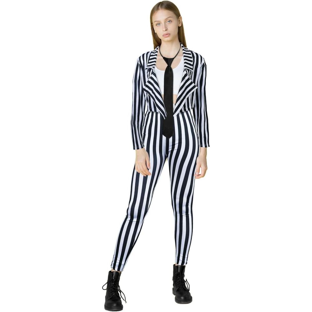 🖤 Women's Black +White Striped Beetlejuice-Inspired Blazer Pants Tie Set Size M
